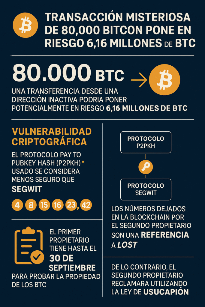 Una misteriosa transferencia de 80.000 Bitcoin podría poner en riesgo 6,16 millones de BTC